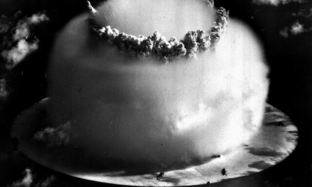 A huge mushroom cloud rises above Bikini atoll in the Marshall Islands July 25, 1946 following an atomic test blast, part of the U.S. military's